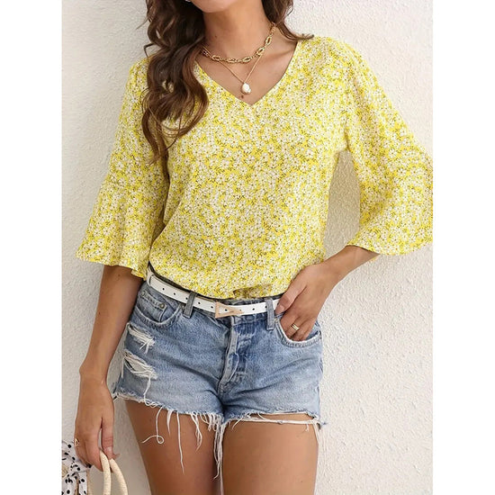 Womens Summer Floral Print Blouses V-Neck Flare Sleeve Tops CJ US