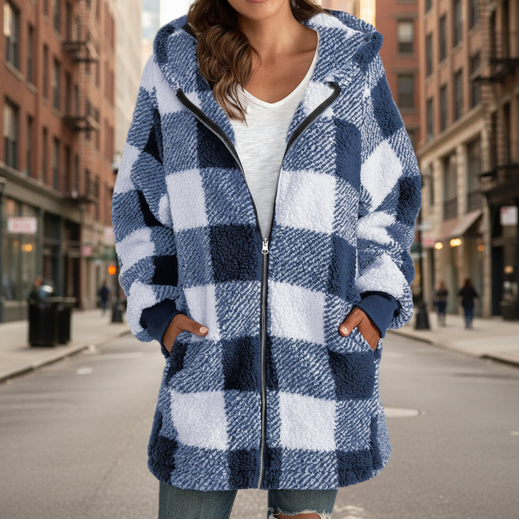Women's Plaid Hooded Jacket, Long Sleeve Zip Up Oversized Coat With Pockets For Winter Casual And Commute CJ US