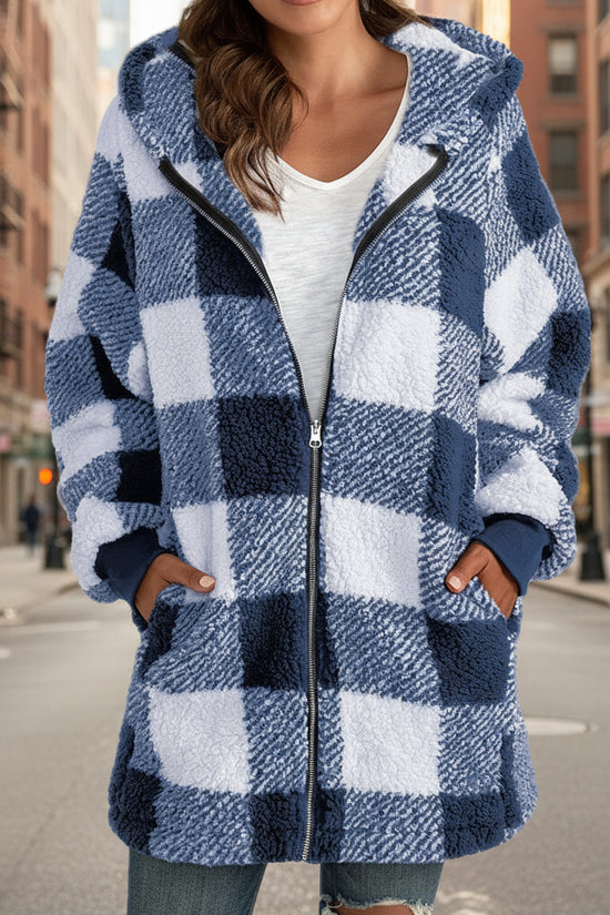 Women's Plaid Hooded Jacket, Long Sleeve Zip Up Oversized Coat With Pockets For Winter Casual And Commute CJ US