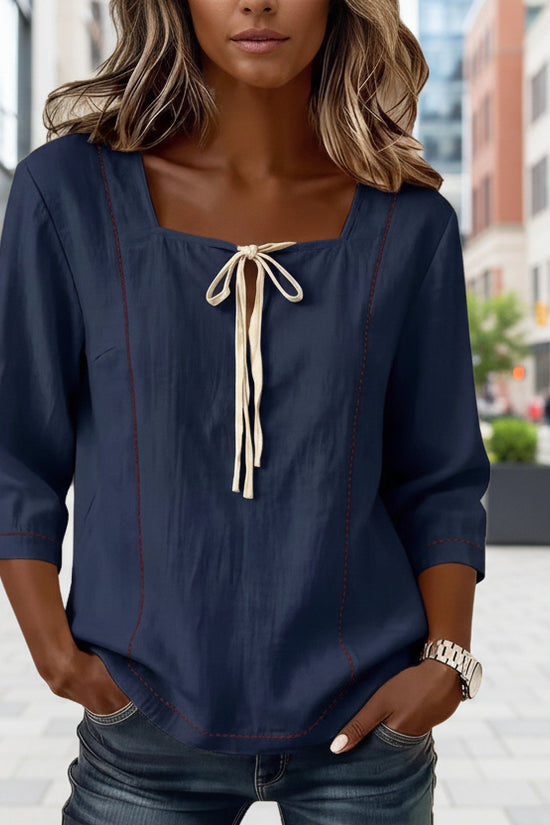 Printed Lace-Up Square-Neck Mid-Sleeve Womens Shirt 