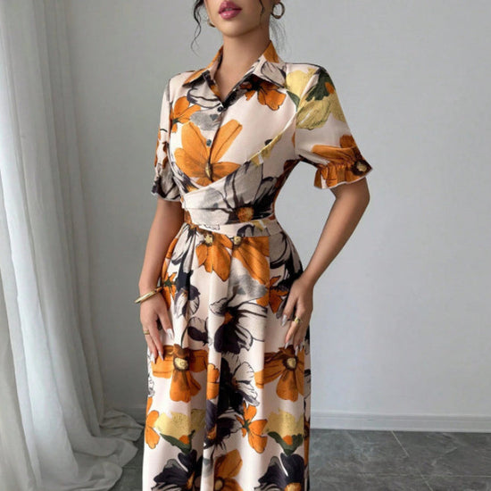 Womens Blouse-collar Puff-sleeve Cross-tie Waist Printed Dress 