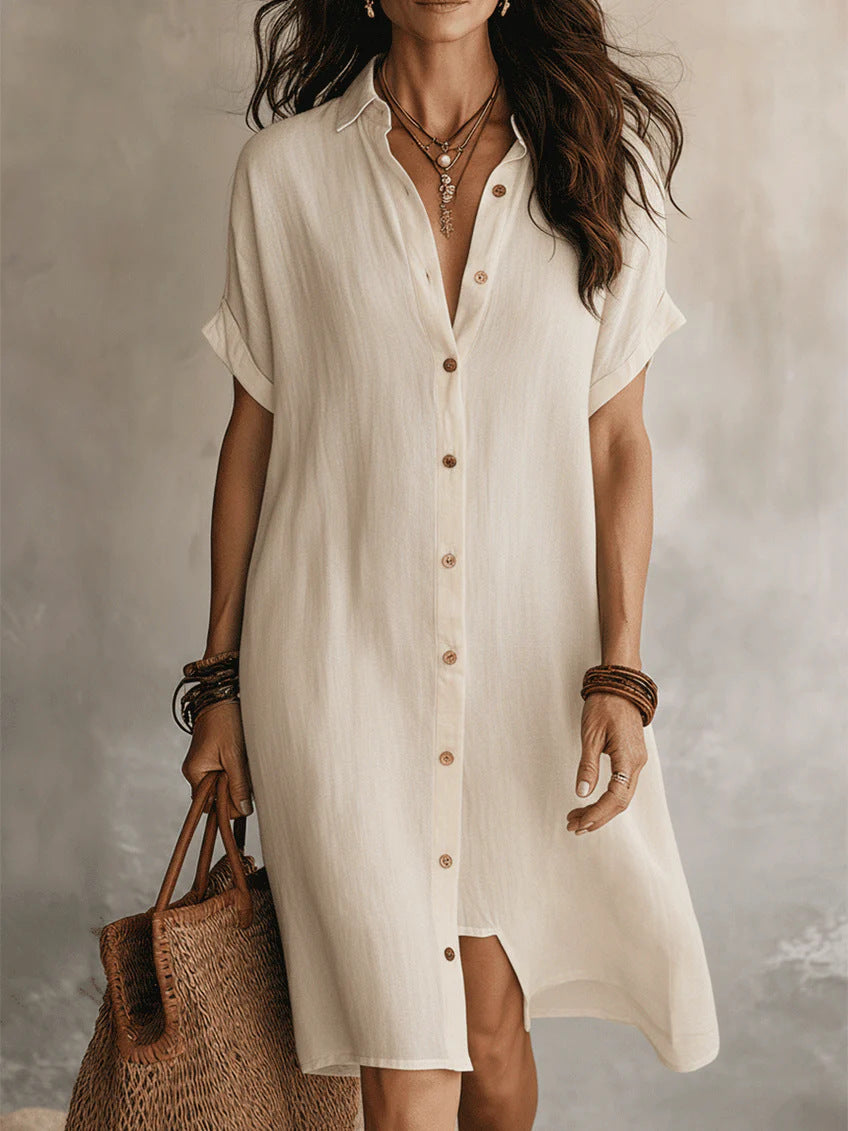 Women's Short-sleeve Buttoned Midi Shirt Dress 