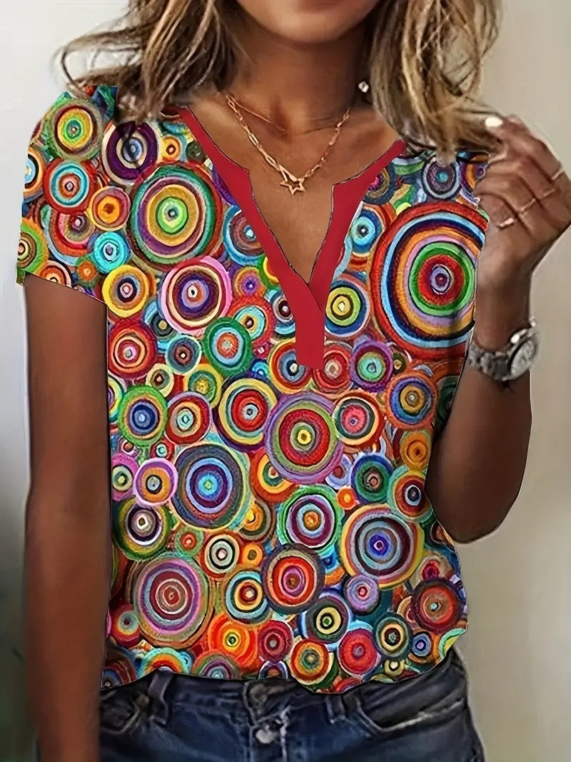 V-neck Red Candy Print Short Sleeve T-shirt Loose Casual Top For Summer CJ