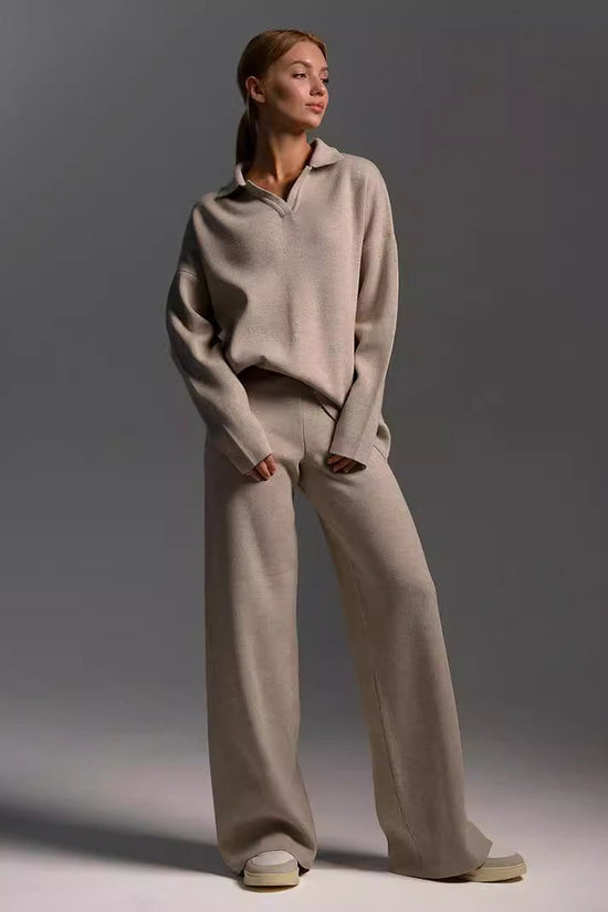 Fall Winter Two Piece Set Women's Simple Loose Solid Color Collar Sweater Set Fashion Casual Sport Wear Set 