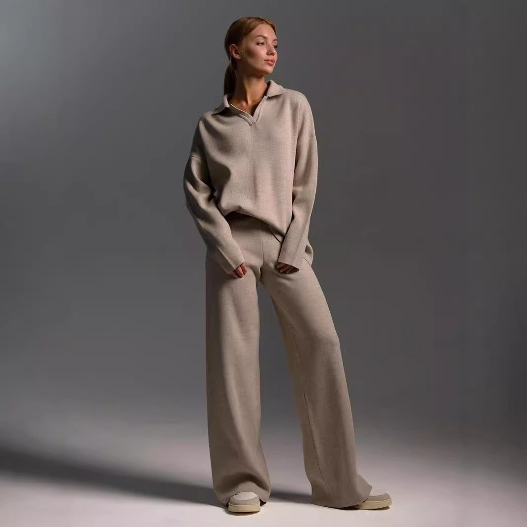 Fall Winter Two Piece Set Women's Simple Loose Solid Color Collar Sweater Set Fashion Casual Sport Wear Set 