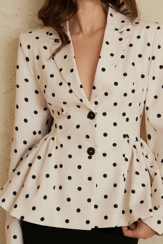 Chic Polka Dot Printed Blazer Coat for Women with Fitted Waist, Flared Skirt, Notched Lapel, Long Sleeve, Elegant Women's Suit Coat 