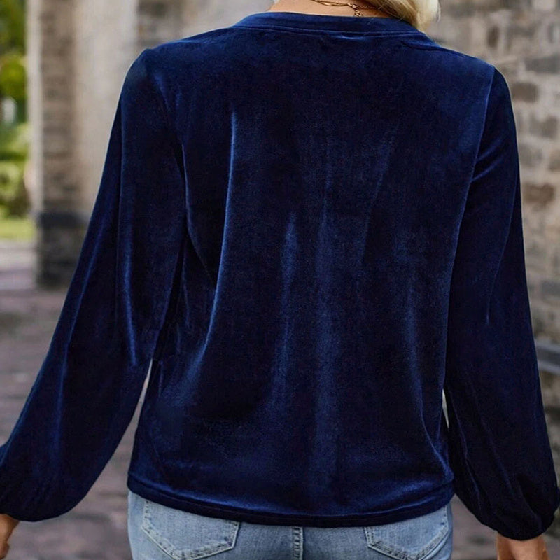 Women's Solid Color V-Neck Button Detail Long Sleeve Pullover CJ US