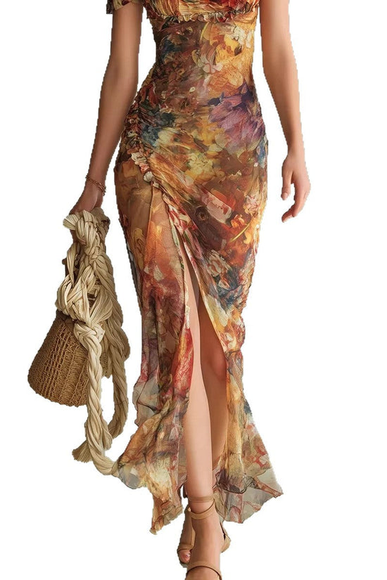 V-neck waist cinched ruffle edge dress 
