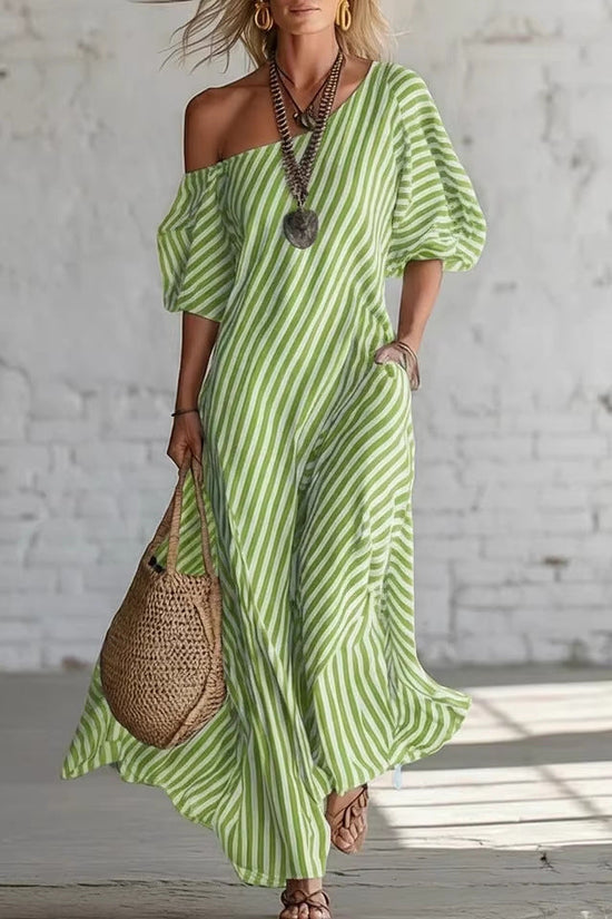 Womens Striped Off-shoulder Dress 