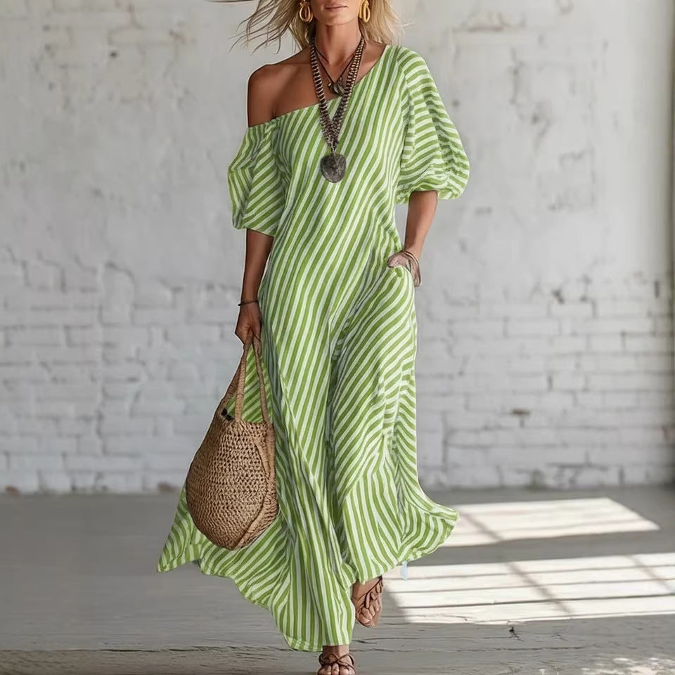 Womens Striped Off-shoulder Dress 