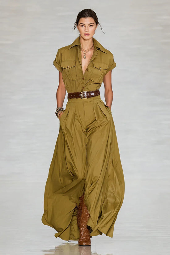 Short-sleeve Shirt-style Long Dress With Pockets 