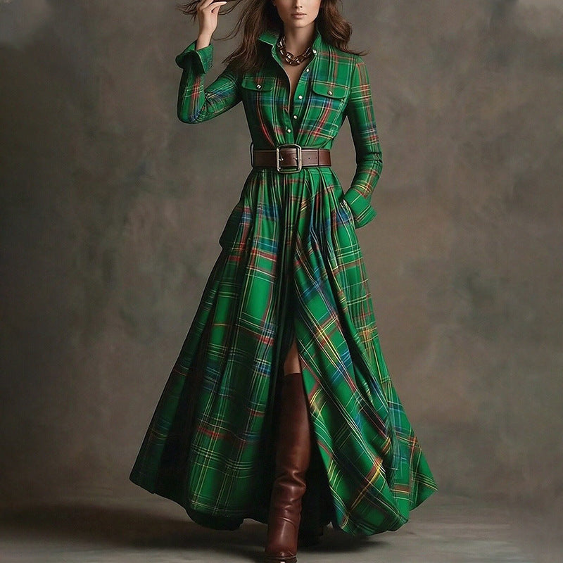 Elegant Commuter Printed Lapel Slim-Fit Dress 