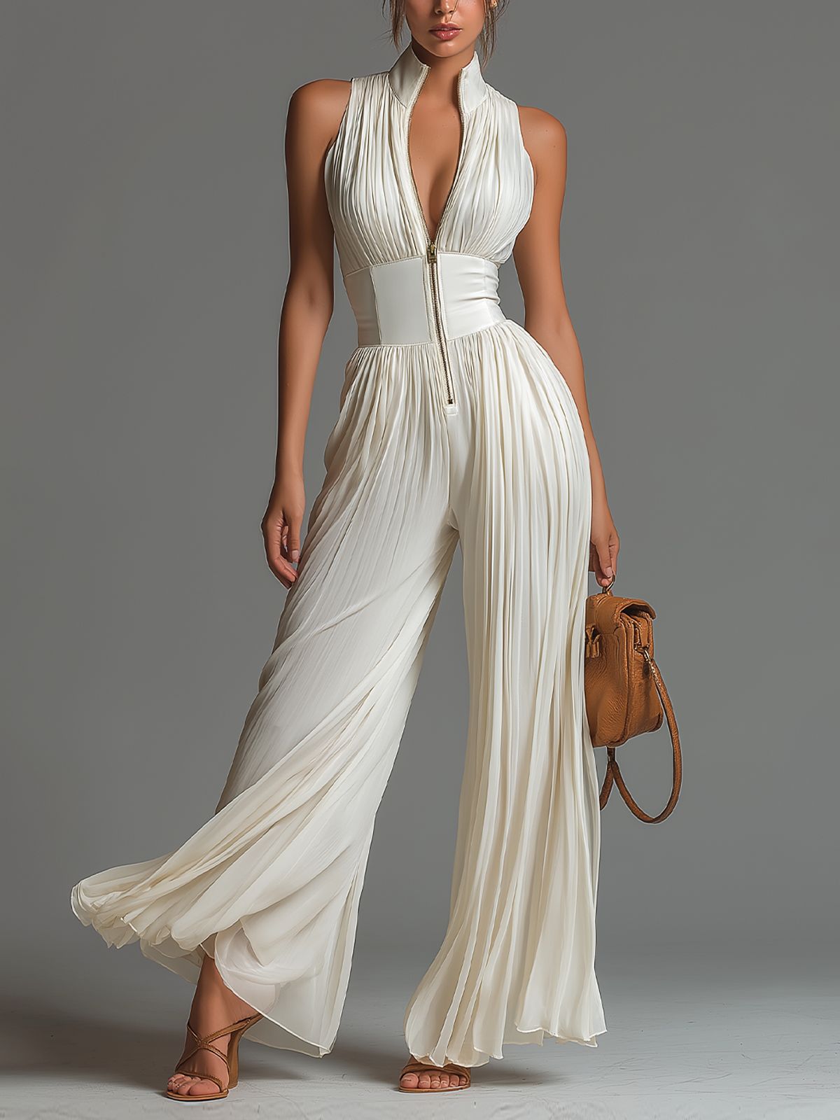White Pleated Strap Neck Jumpsuit for Women, Long Wide Leg Fashion Sexy Folded Design 
