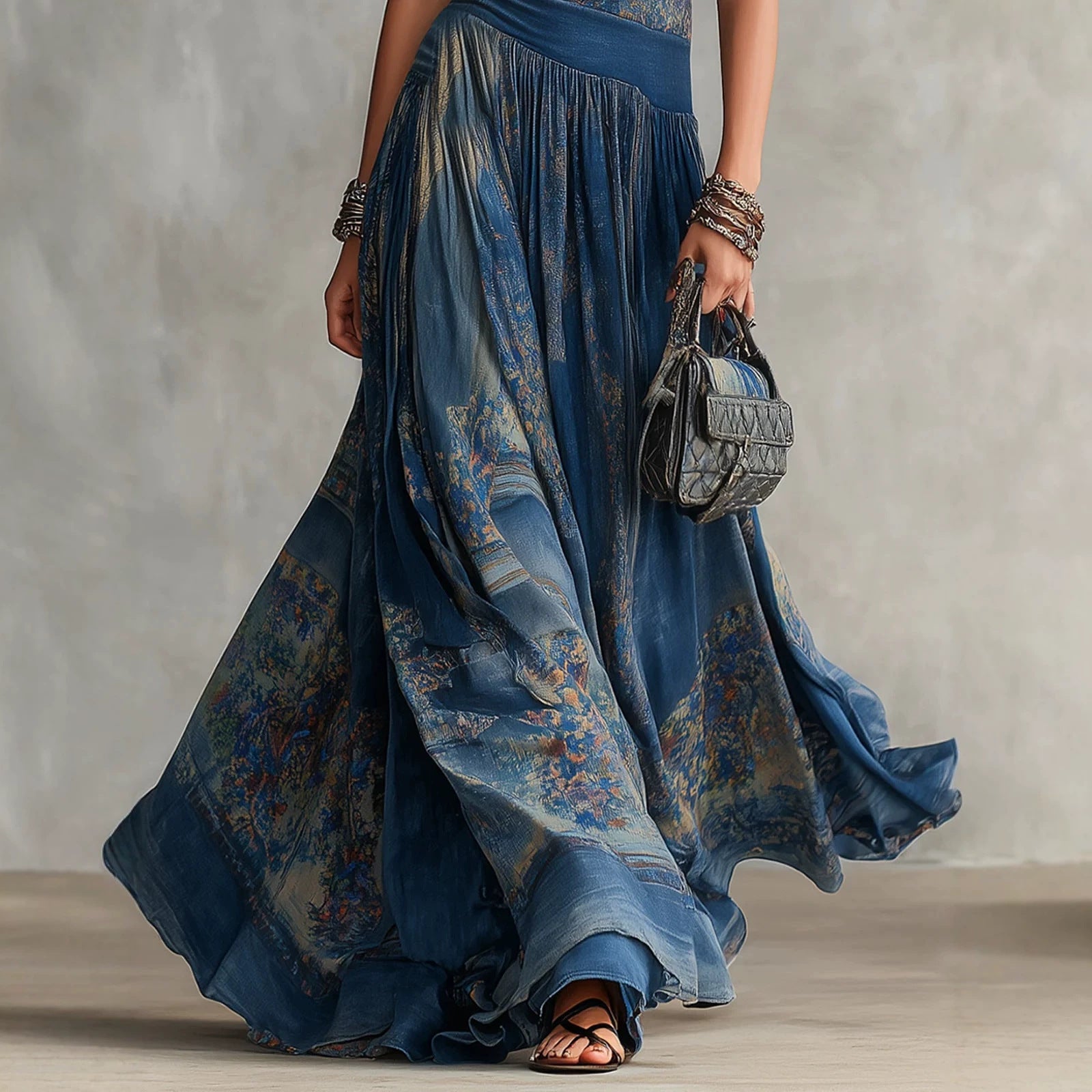 Printed sleeveless vest dress with elegant large swing round neck skirt 