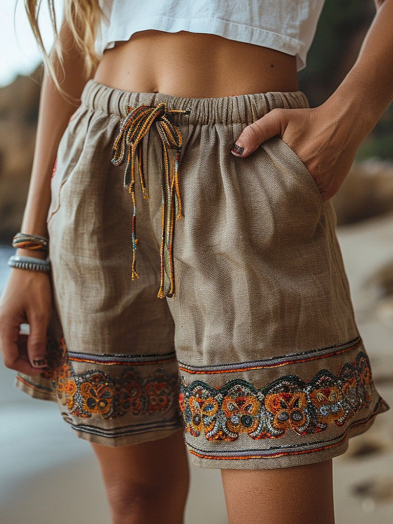 Retro Ethnic-style Casual Drawstring Loose Shorts Pull 