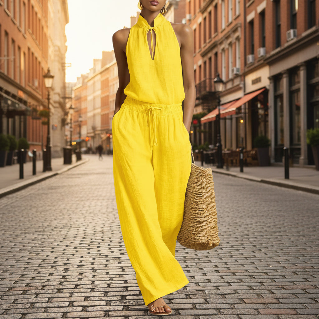 Urban-style Cotton And Linen Top And Wide-leg Pants Set 