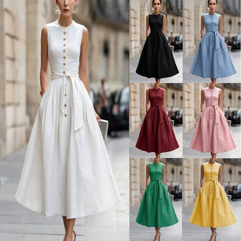 Fitted-waist, Sleeveless Cotton-linen Solid-color Maxi Dress 