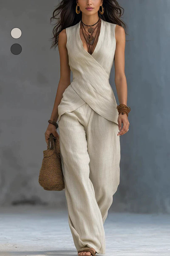 Sleeveless V-neck waist cinched top paired with wide leg pants set 