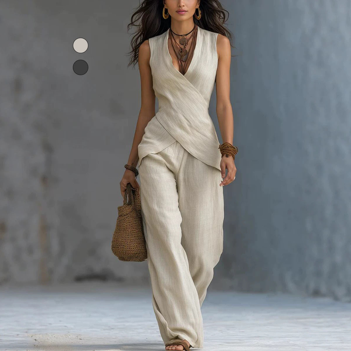 Sleeveless V-neck waist cinched top paired with wide leg pants set 