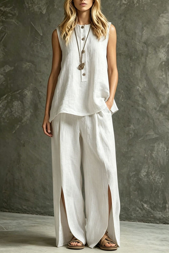 Womens Loose Sleeveless Tank Top And Slit Wide-Leg Pants Set 