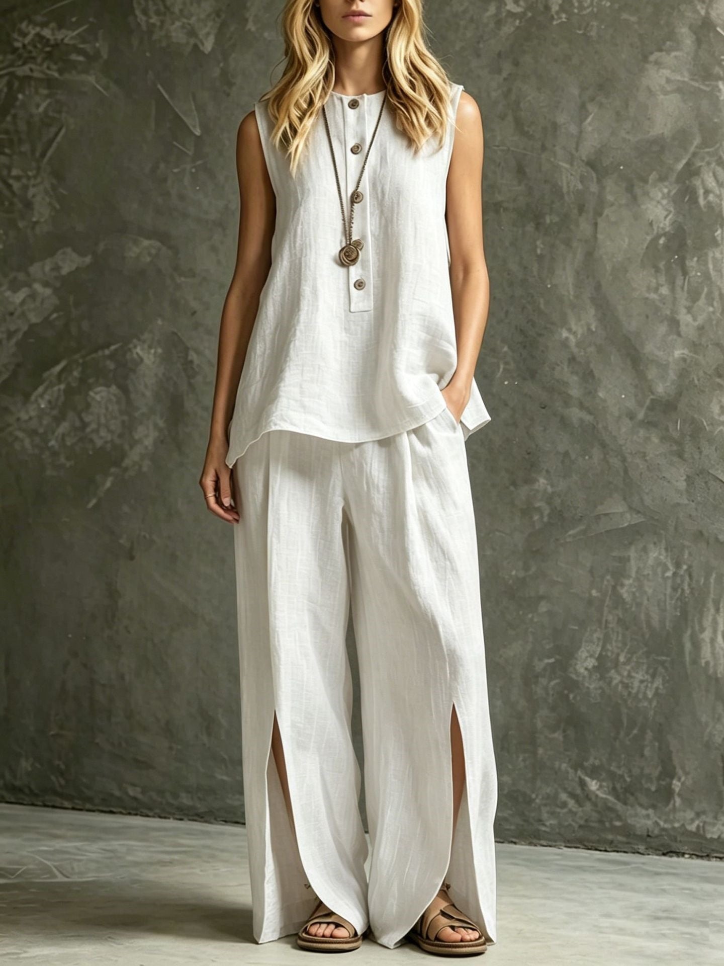 Womens Loose Sleeveless Tank Top And Slit Wide-Leg Pants Set 