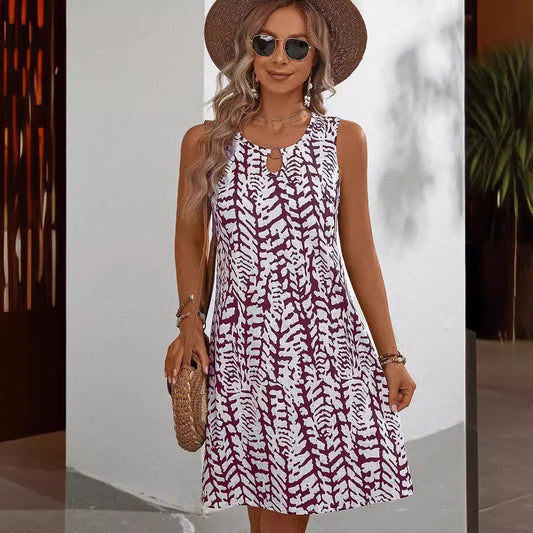 Elegant U-Neck Floral Print Sleeveless Dress with Ring Detail, Mid-Length Summer Dress for Women 