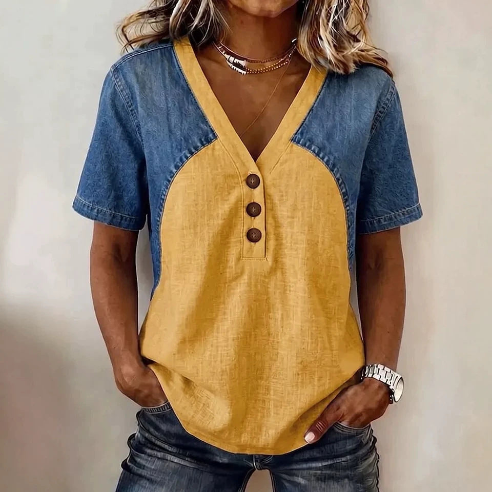 Fashionable Trendy Womens Loose Denim Patchwork T-Shirt 