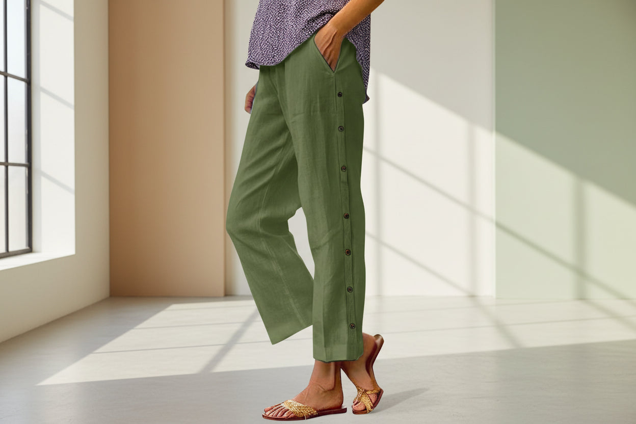 Cropped Pants With Decorative Buttons Along The Side Seams 