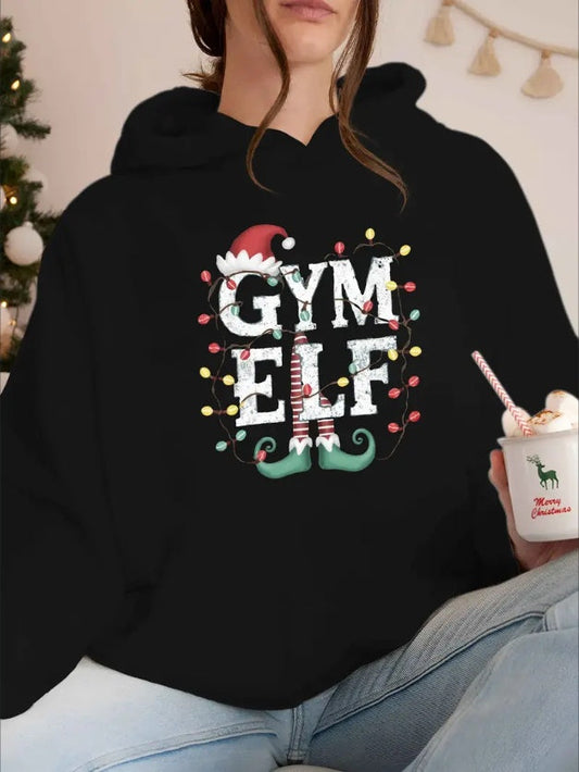 Christmas Gym Elf Graphic Hoodie For Women,  Casual Style With Pocket, Non-Stretch Fall Winter Hooded Sweatshirt CJ US