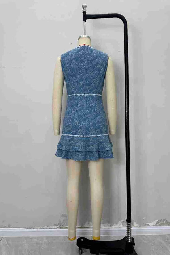 Sleeveless blue and white print element denim blue dress 