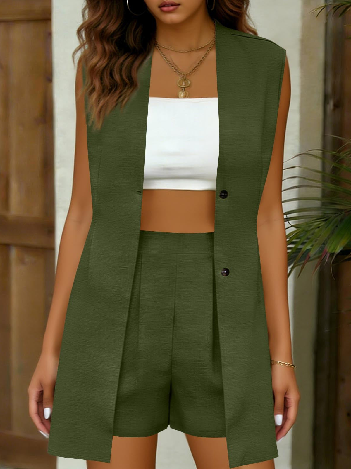 Elegant Commuter V-Neck Sleeveless Top Vest Jacket And Shorts Set 