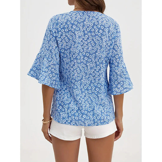 Womens Summer Floral Print Blouses V-Neck Flare Sleeve Tops CJ US