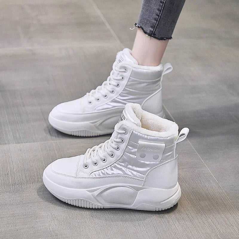 Snow Boots Women Non-slip Sneakers Winter Warm Fashion Lace Up Round Toe Thick Sole Plush Sport Cotton Shoes Short Boots 