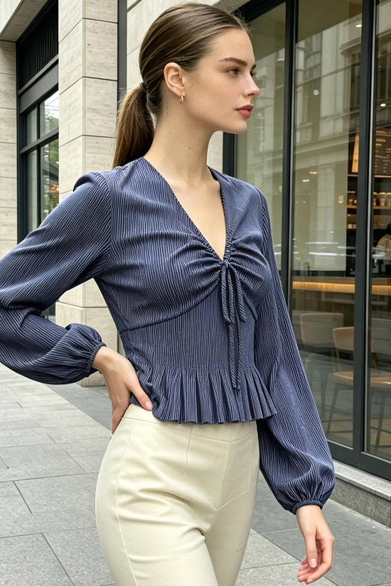 Stripe Blouse for Women V-Neck Ruffle Bow Puff Sleeve Elegant Date Top 