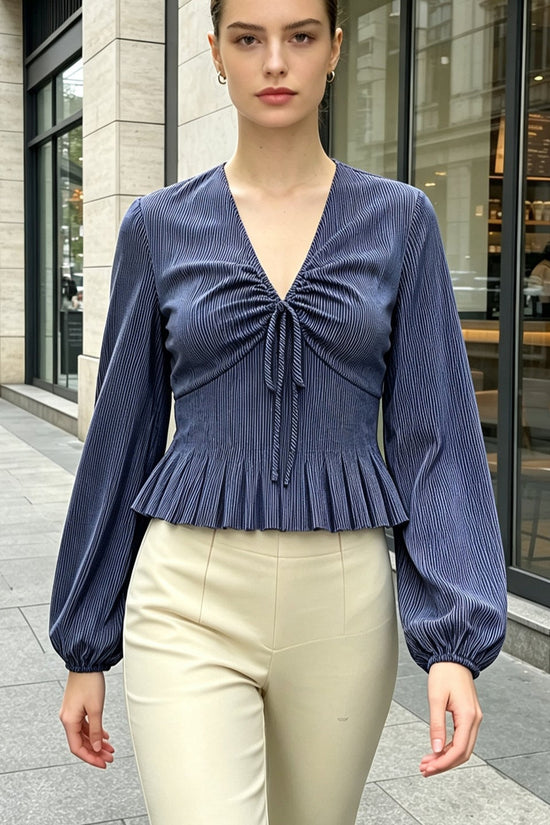 Stripe Blouse for Women V-Neck Ruffle Bow Puff Sleeve Elegant Date Top 
