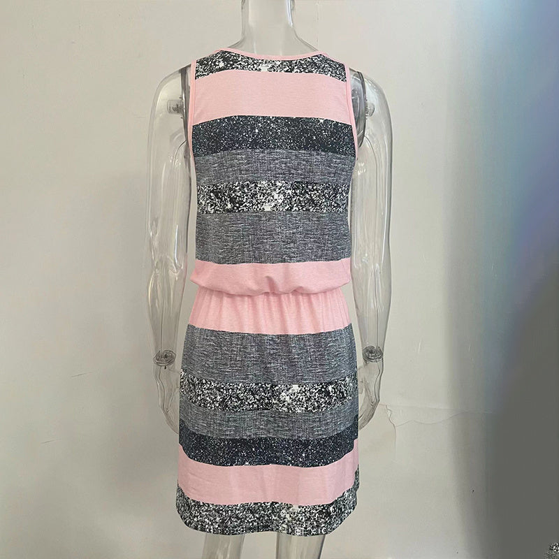 Women's Sleeveless With Adjustable Waist Tie Vest Dress - Casual Summer Mini Dress With Color Block Striped Design CJ US