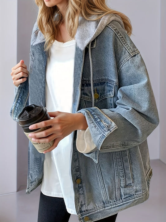 Women's Hooded Denim Jacket, Oversized Retro Denim Jacket, Elastic And Loose, Comfortable And Lightweight CJ US