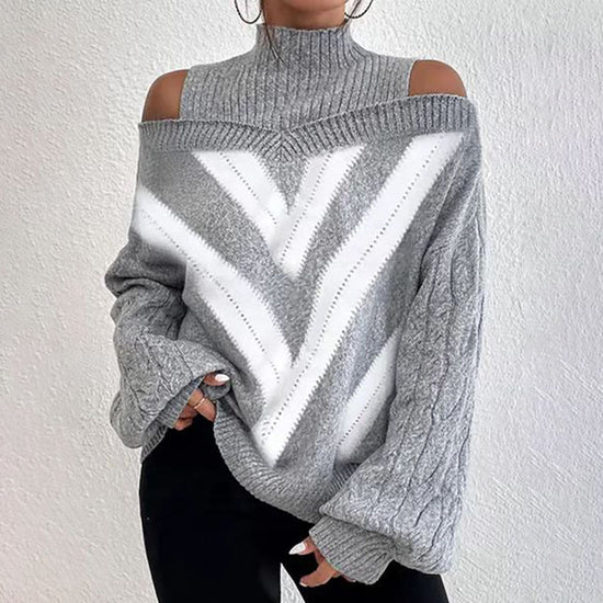 Women’s Elegant Off-Shoulder Turtleneck Sweater — Long Sleeve Knit Top 
