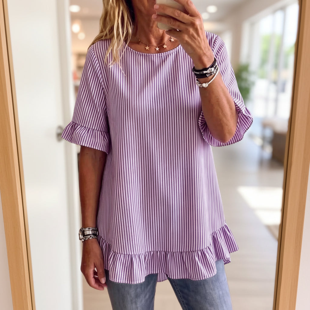 Womens Striped Loose-fit Casual Ruffled-edge Blouse 