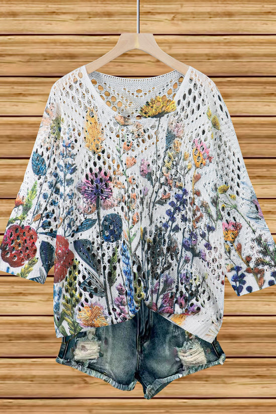 Womens Hollowed-Out Batwing-Sleeve Sweater With 3D Knitted Print 