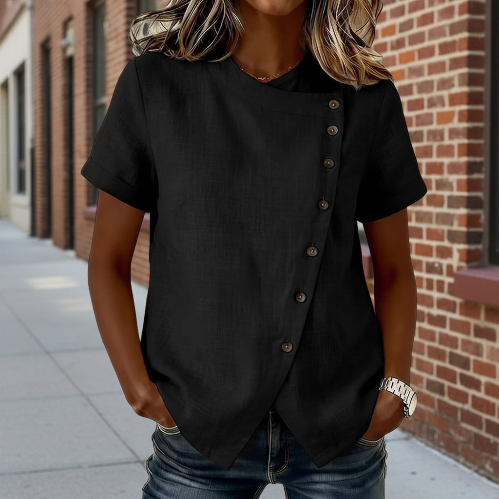 New Solid-Color Cross-Neckline Short-Sleeve Loose Cotton-Linen Asymmetrical Top 