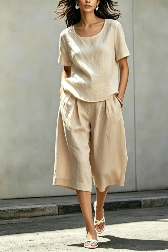 Cotton-linen Casual Loose-fitting Short-sleeve Top And Shorts Set 