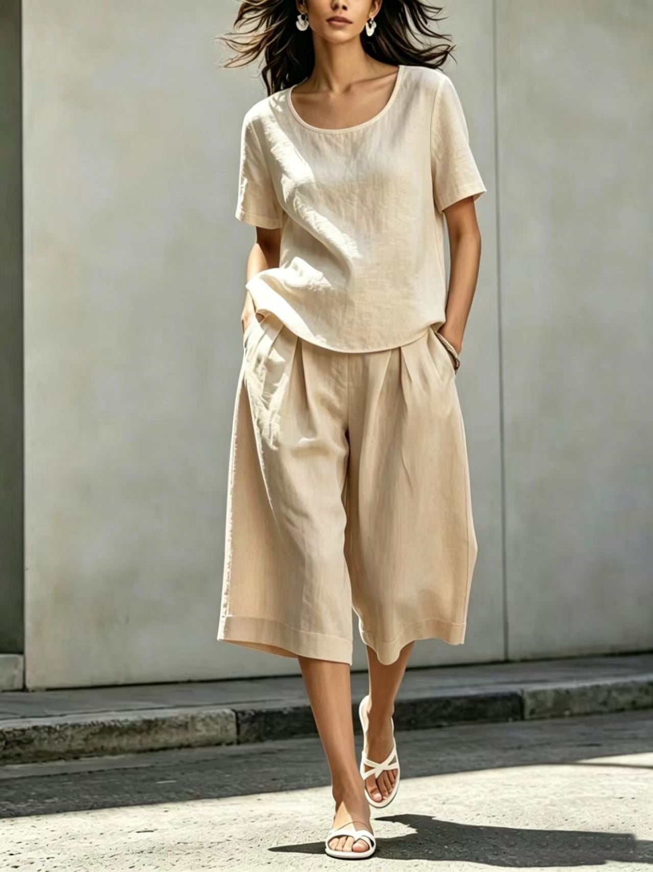 Cotton-linen Casual Loose-fitting Short-sleeve Top And Shorts Set 