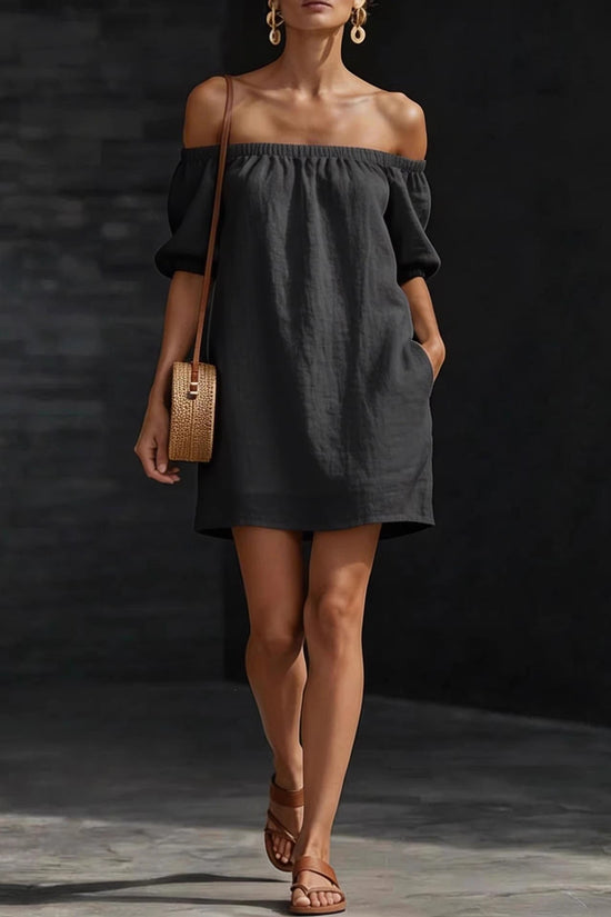 Cotton-linen Womens Off-shoulder Fashionable Loose-fitting Dress 