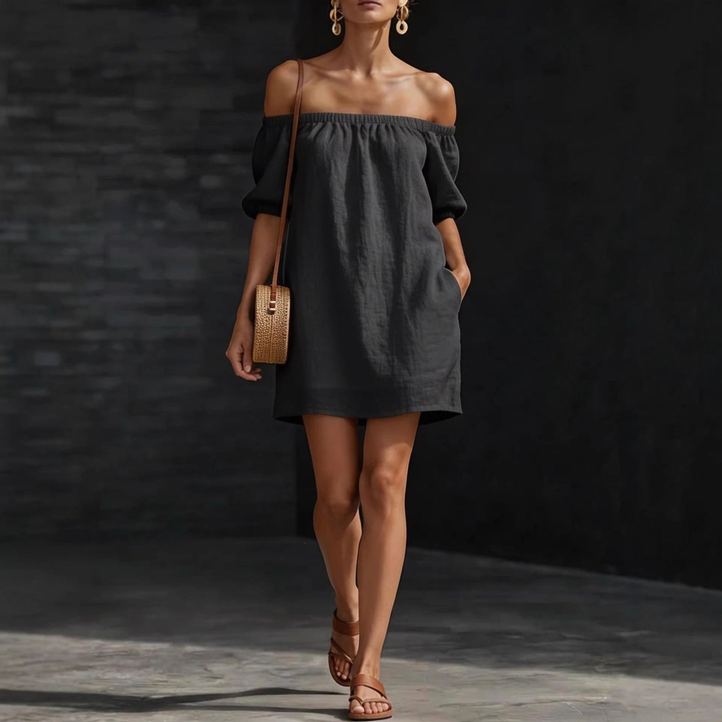 Cotton-linen Womens Off-shoulder Fashionable Loose-fitting Dress 