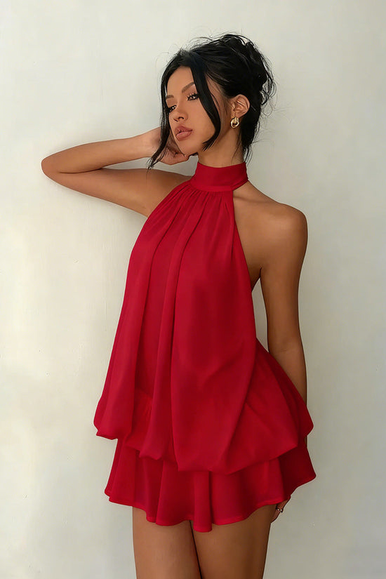 Women's vacation fitted sexy backless halter neck tie-waist dress with puffy short skirt 
