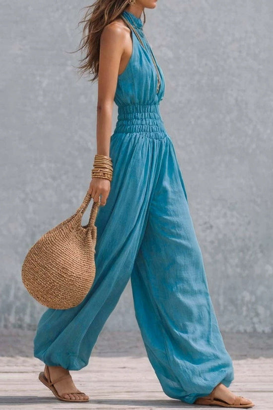 Casual style sleeveless hanging neck lantern pants jumpsuit for women 
