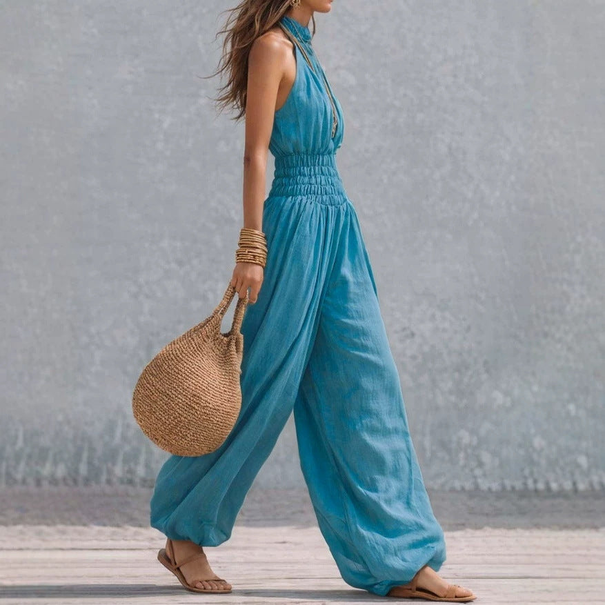 Casual style sleeveless hanging neck lantern pants jumpsuit for women 