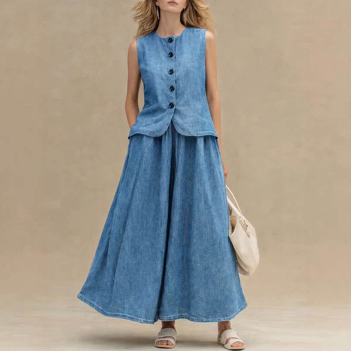 Womens Crew-Neck Denim Top And High-Waist A-Line Skirt Denim Set 