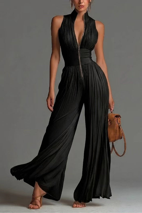 White Pleated Strap Neck Jumpsuit for Women, Long Wide Leg Fashion Sexy Folded Design 